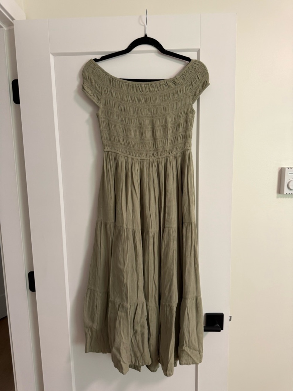 OAK + FORT Off-Shoulder Smocked Midi Dress in Olive Green